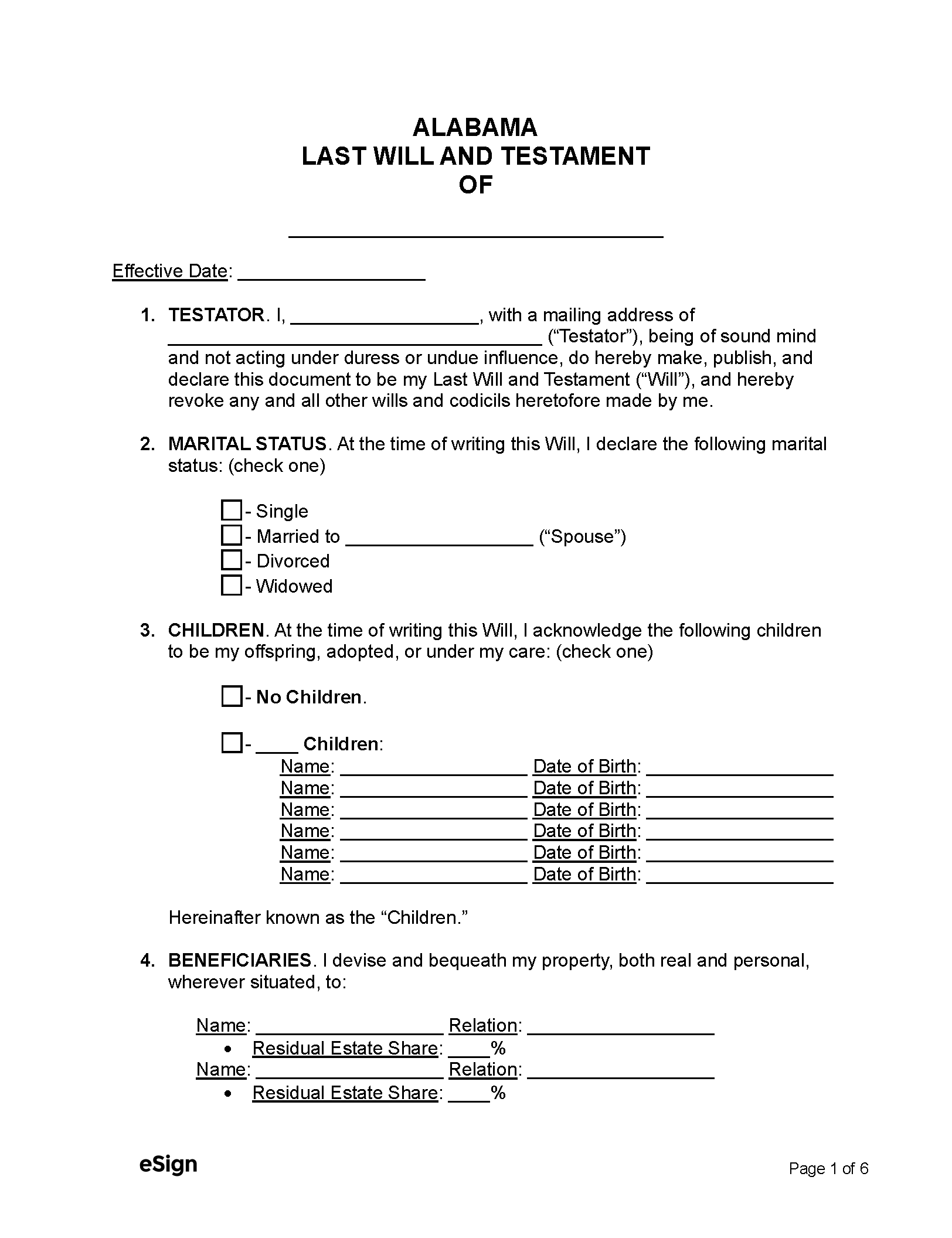 Free Alabama Last Will And Testament Template PDF Word PDF Word