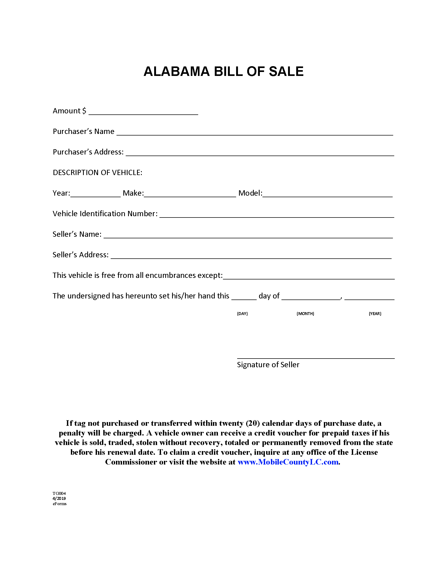 Free Printable Bill Of Sale For Car Alabama