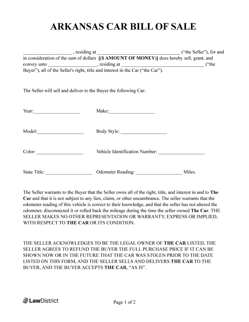 Free Arkansas Bill Of Sale PDF Word LawDistrict