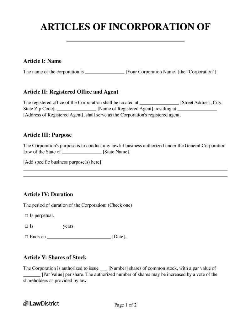 Free Articles Of Incorporation PDF Sample LawDistrict