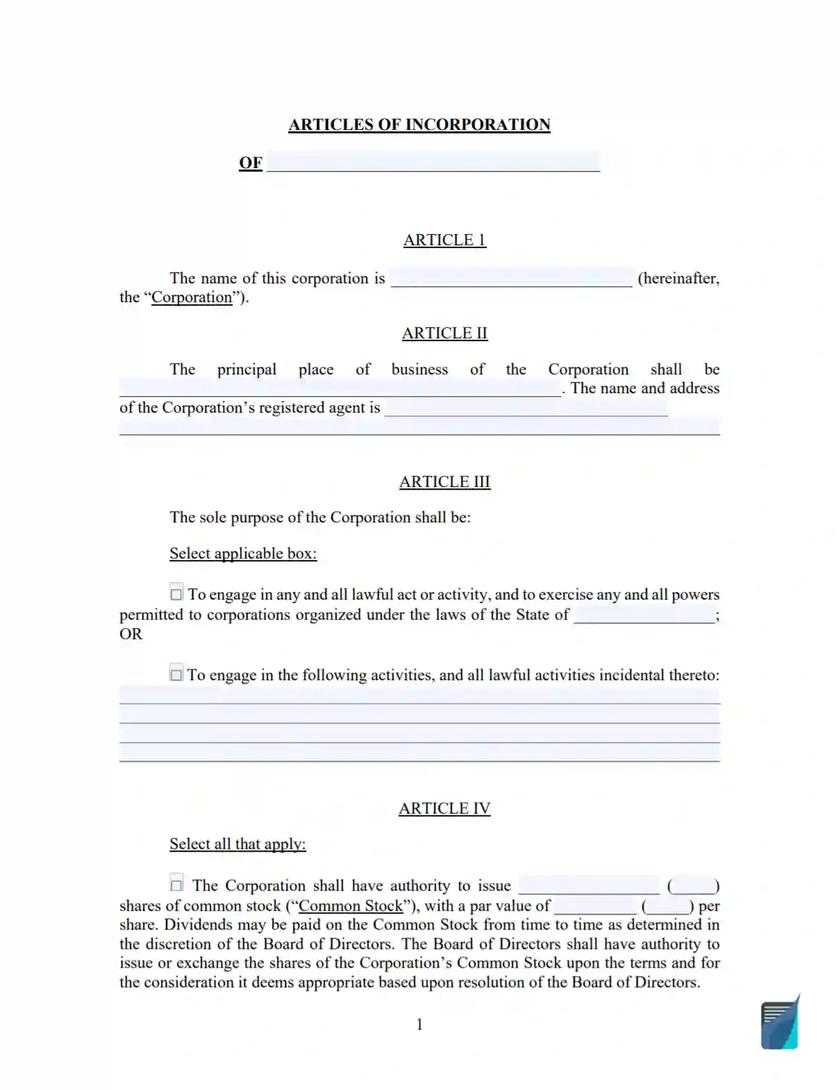 Free Printable Articles Of Incorporation