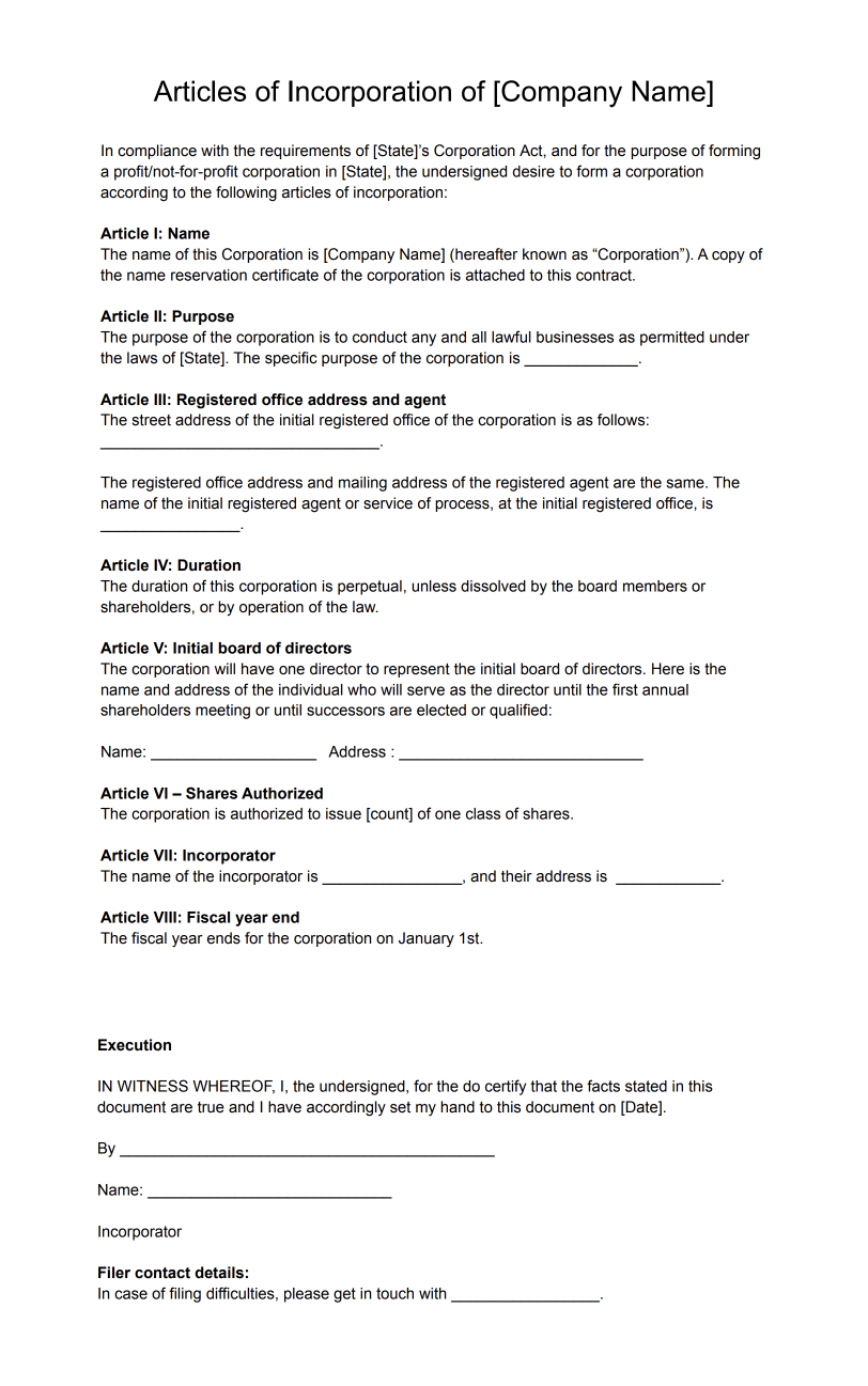 Free Articles Of Incorporation Template In PDF Signeasy