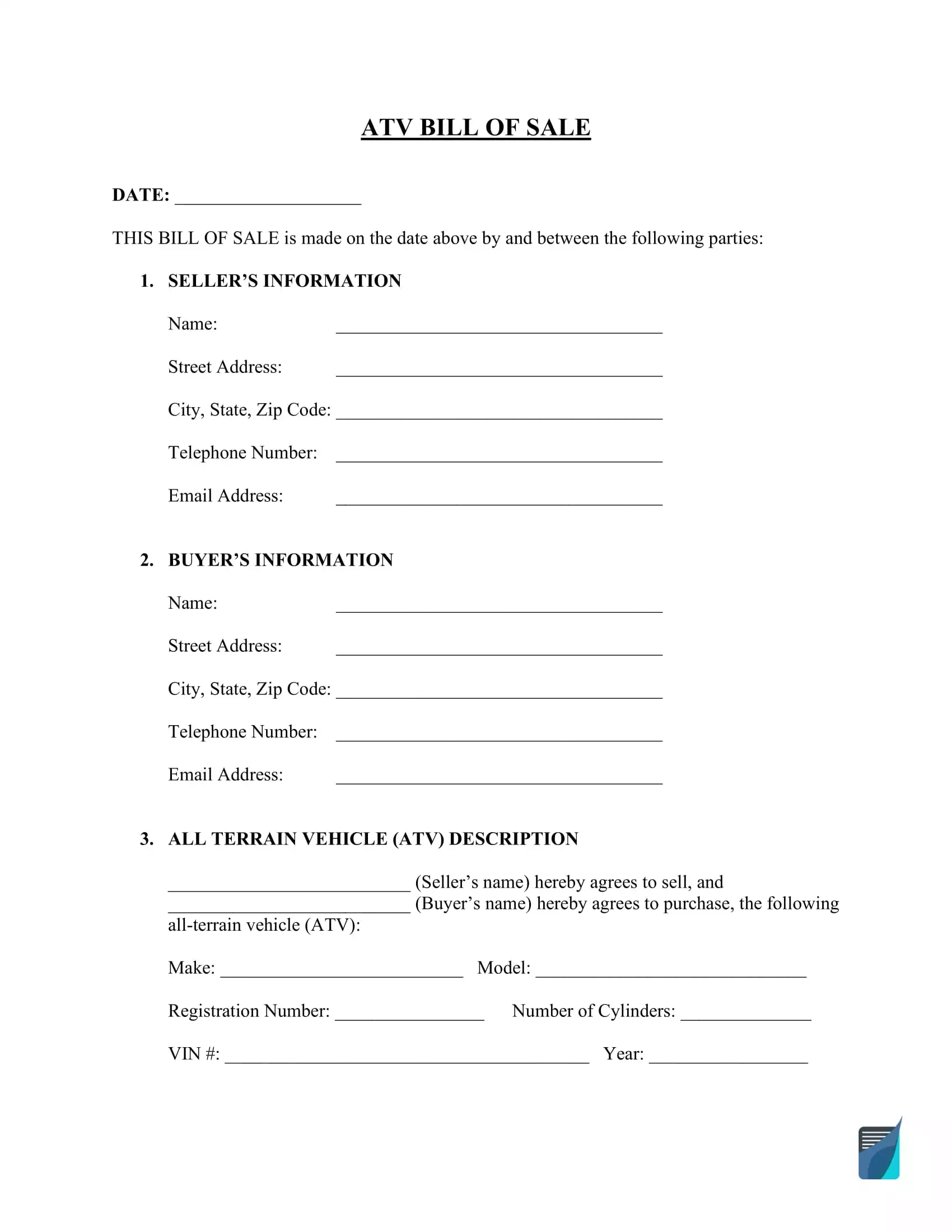 Free ATV Four Wheeler Bill Of Sale Form FormsPal