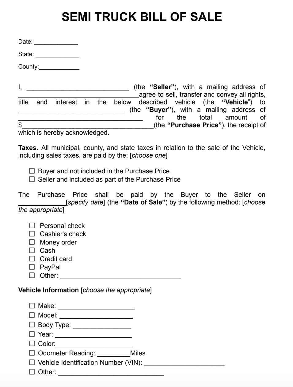 Free Bill Of Sale For Semi Truck Template PDF Word Jurizmo