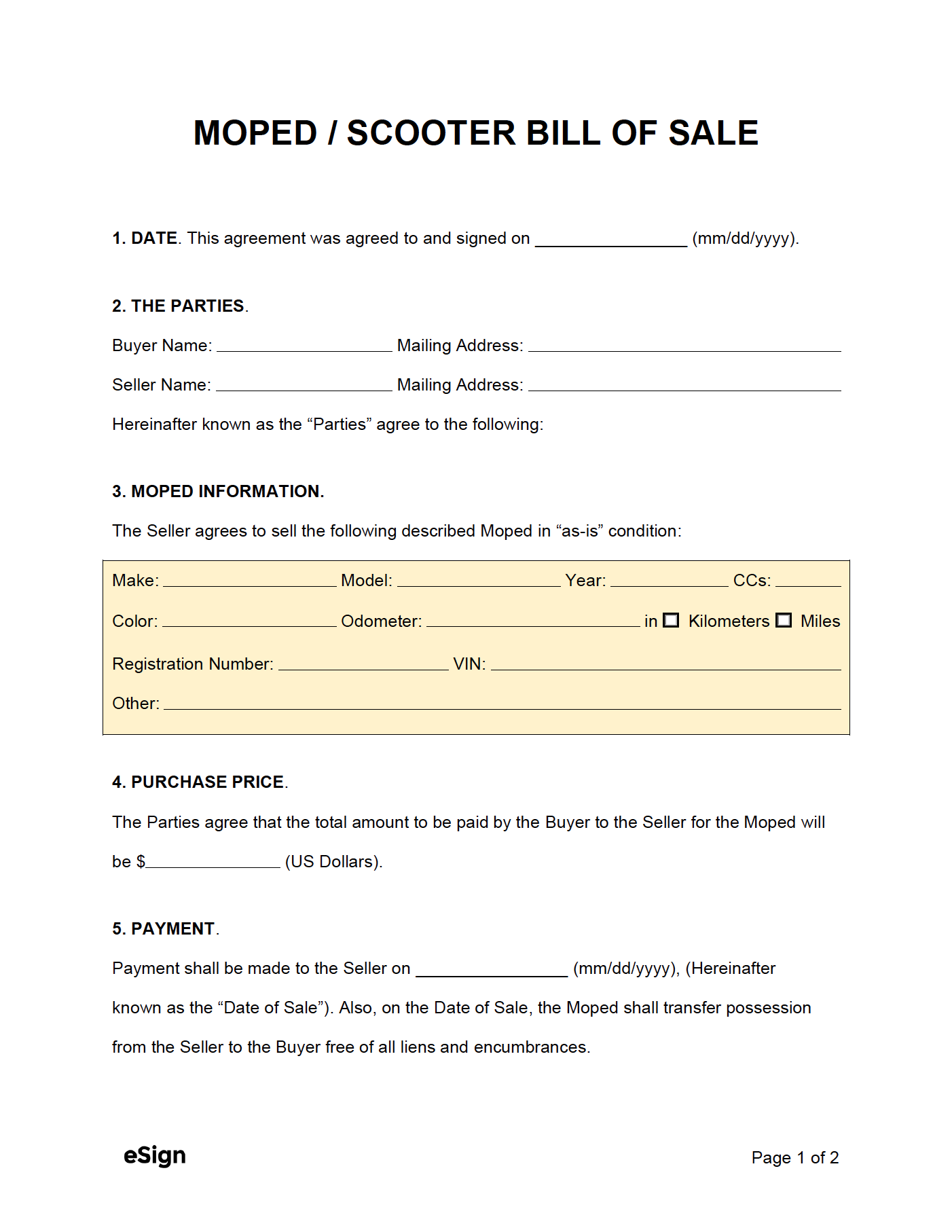 Simple Automobile Bill Of Sale Printable Free