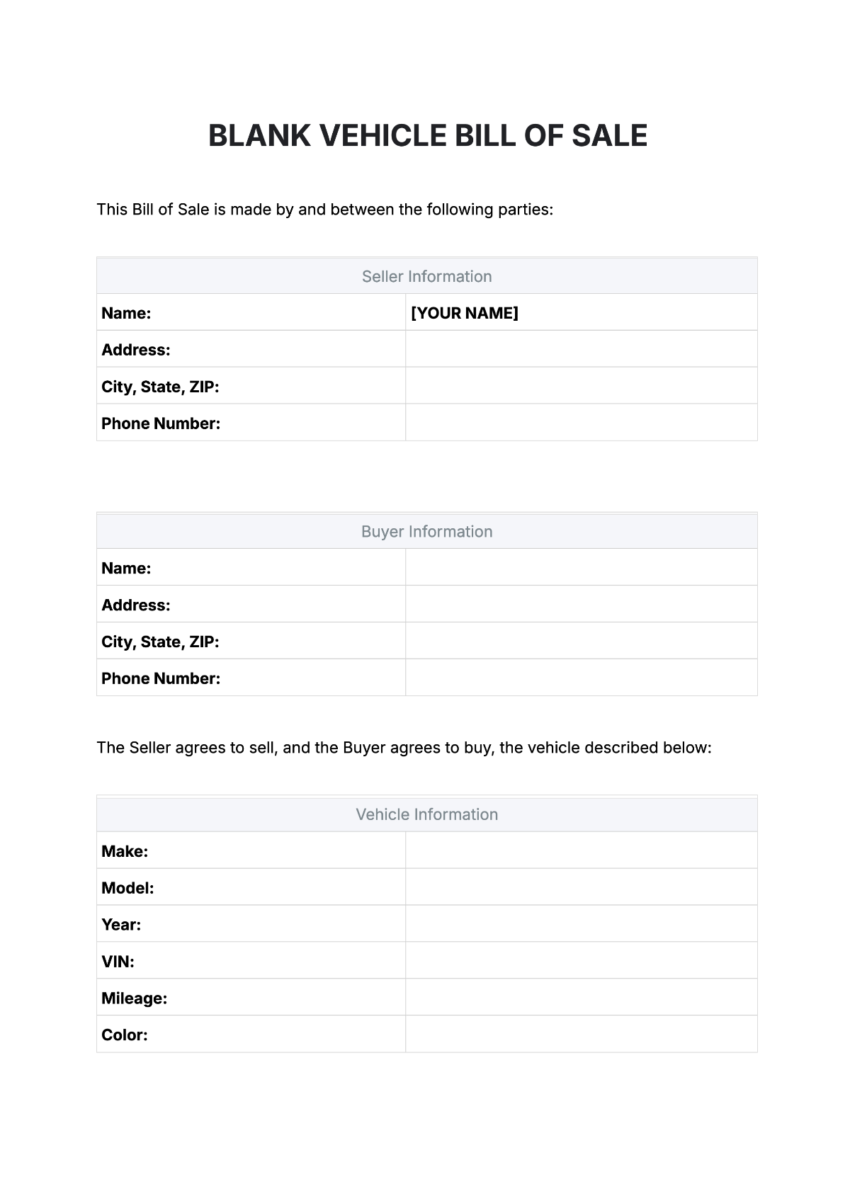 Free Bill Of Sale Templates Editable And Printable