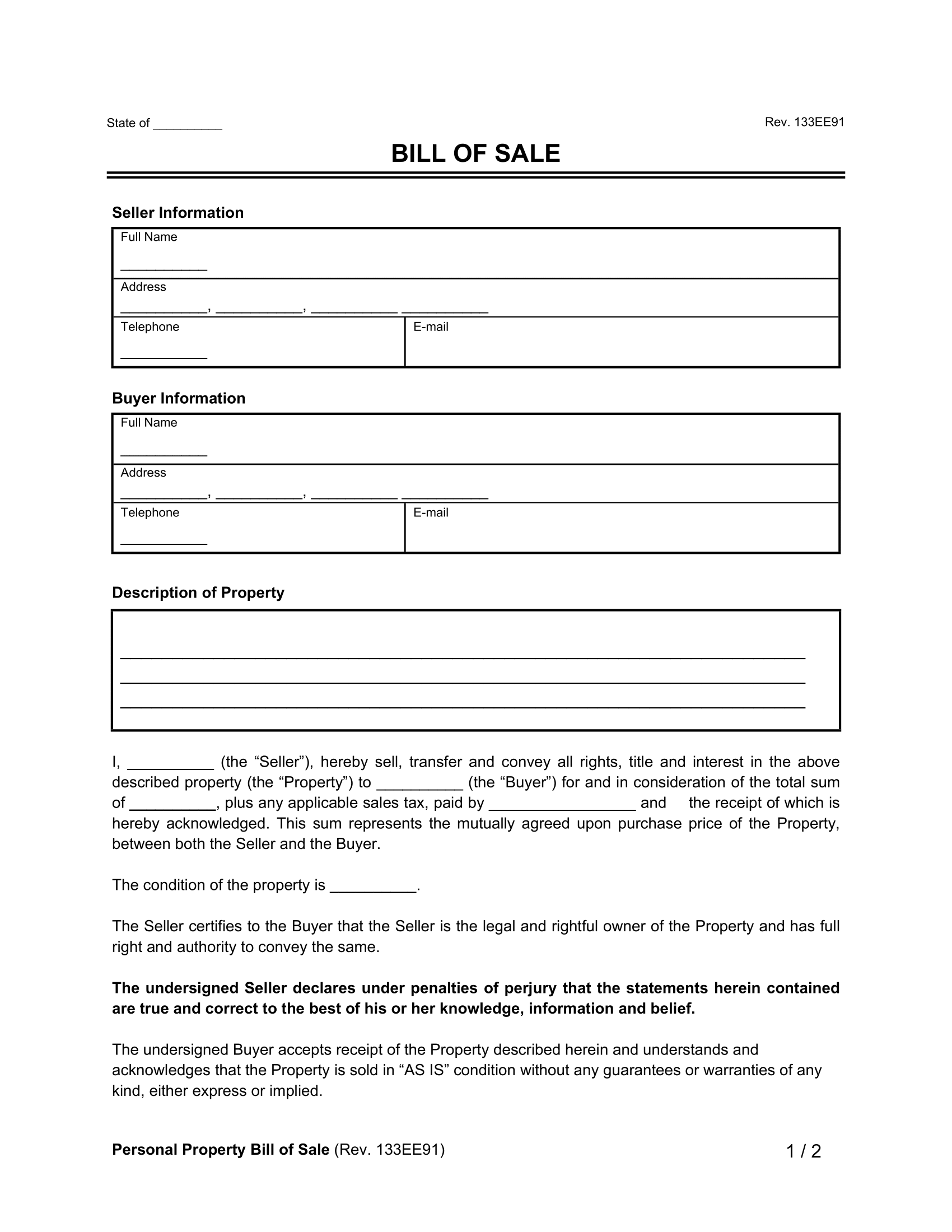 Free Bill Of Sale Templates PDF Word