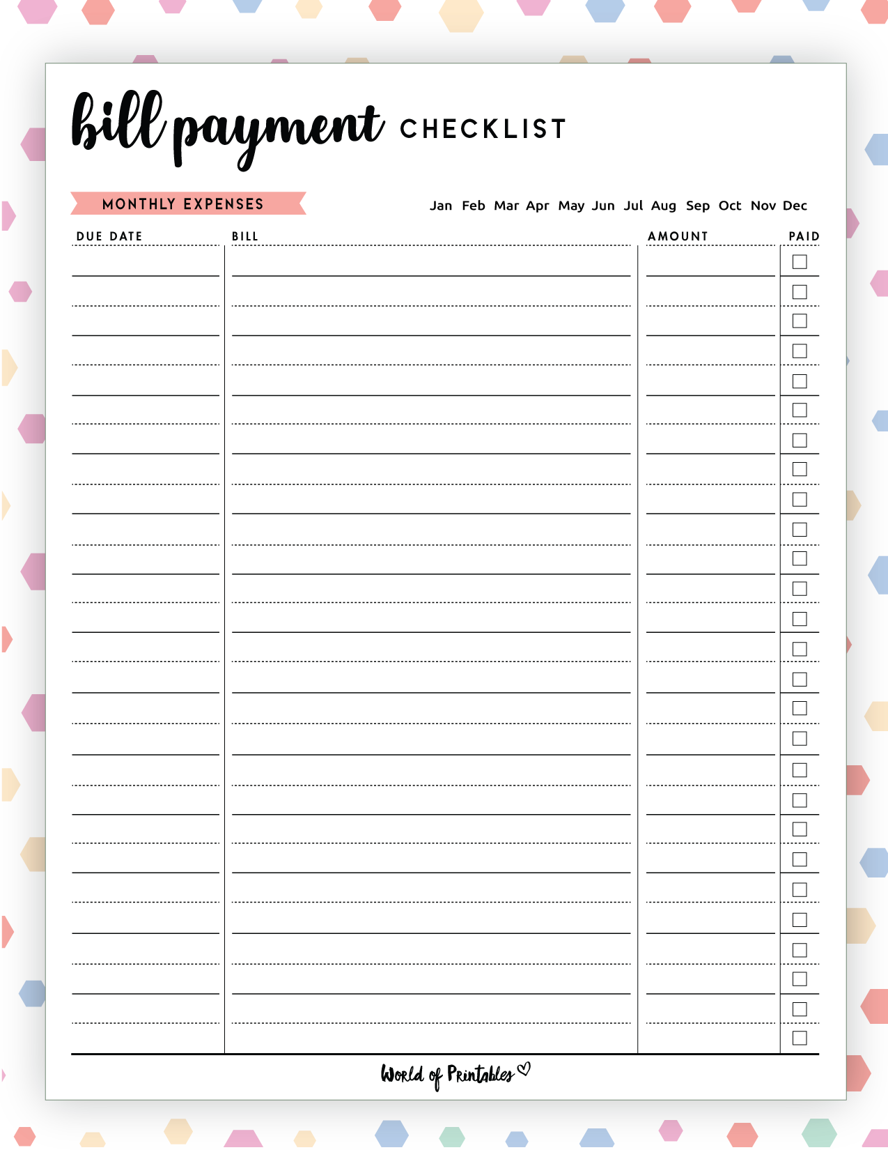 Free Bill Payment Checklist PDF World Of Printables