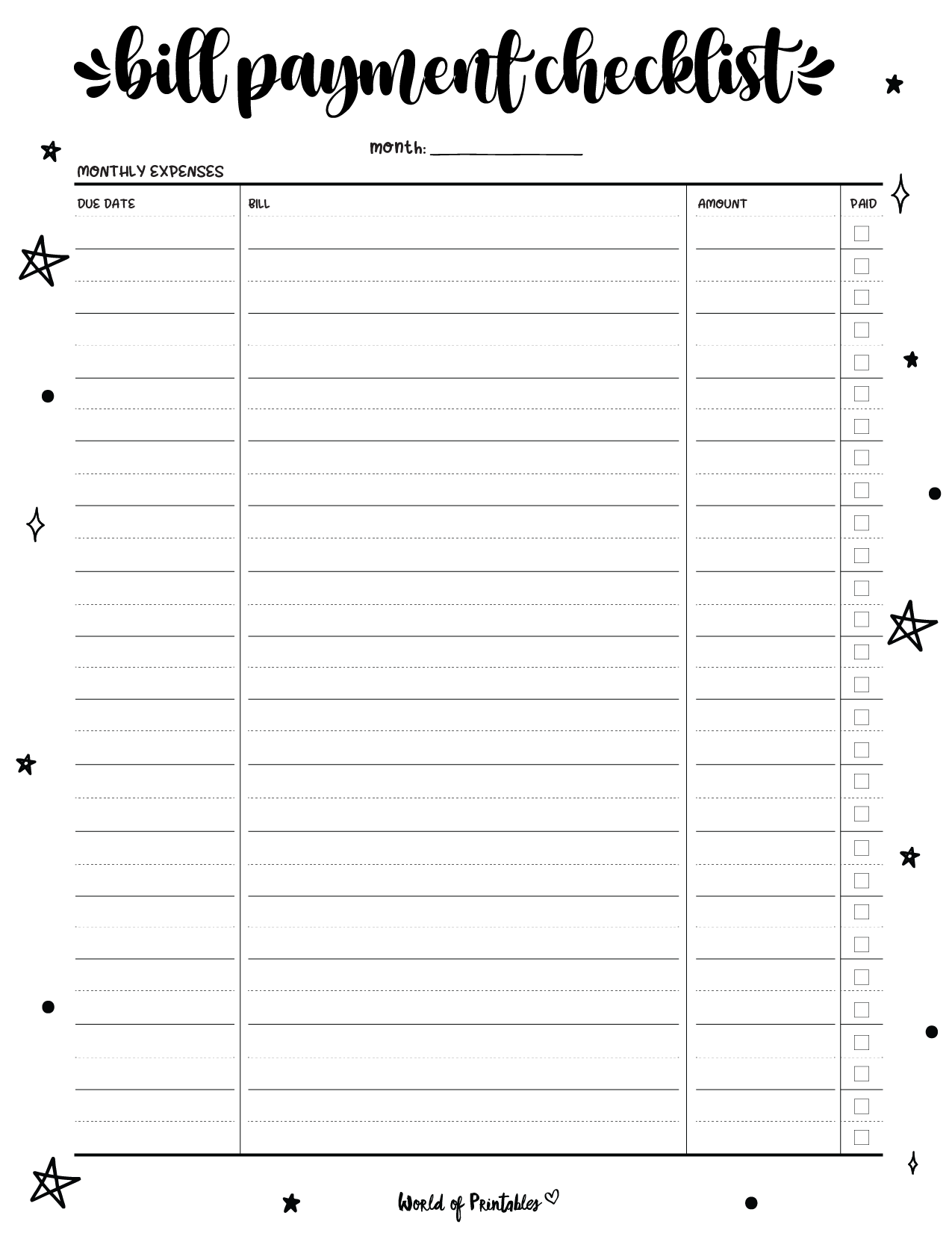 Free Bill Payment Checklist PDF World Of Printables