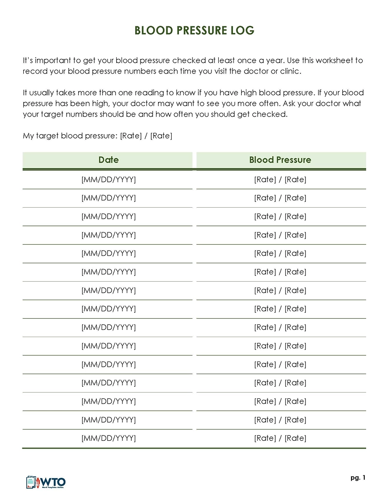 Free Printable Blood Pressure Log Word