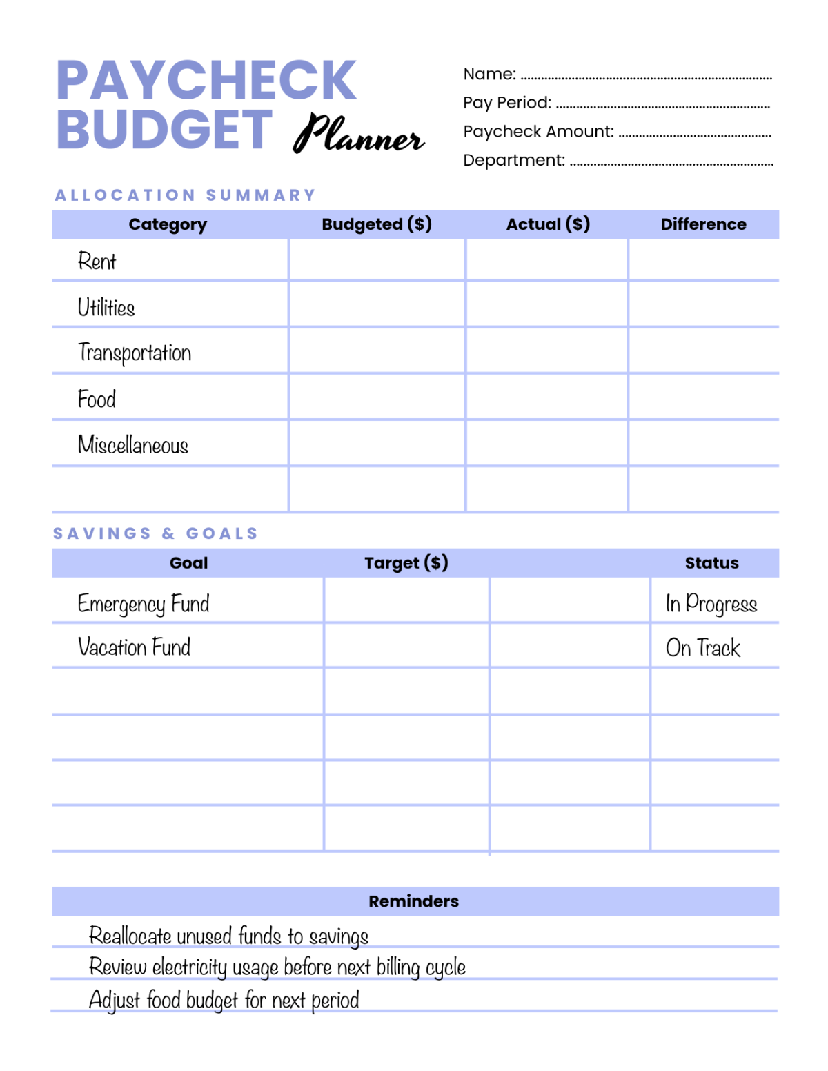Free Printable Budget Planner Template