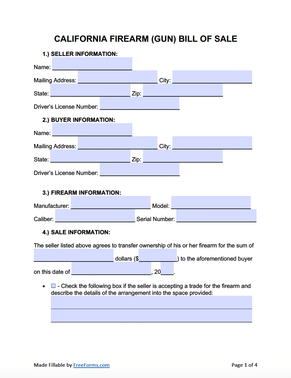 Free Printable Bill Of Sale Car California