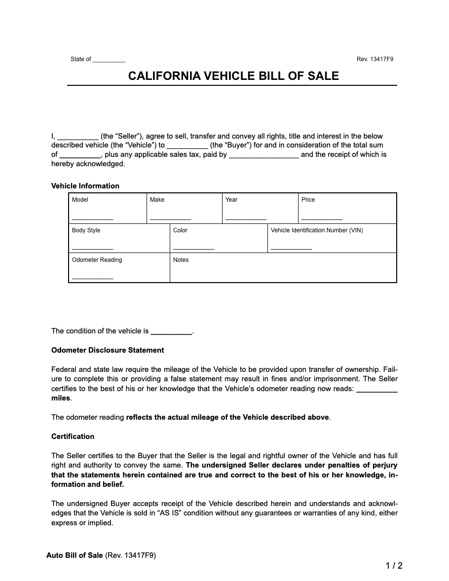 Free California Motor Vehicle Bill Of Sale Form PDF Word
