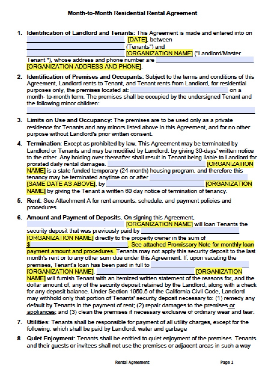 Free California Rental Lease Agreement Templates PDF Word