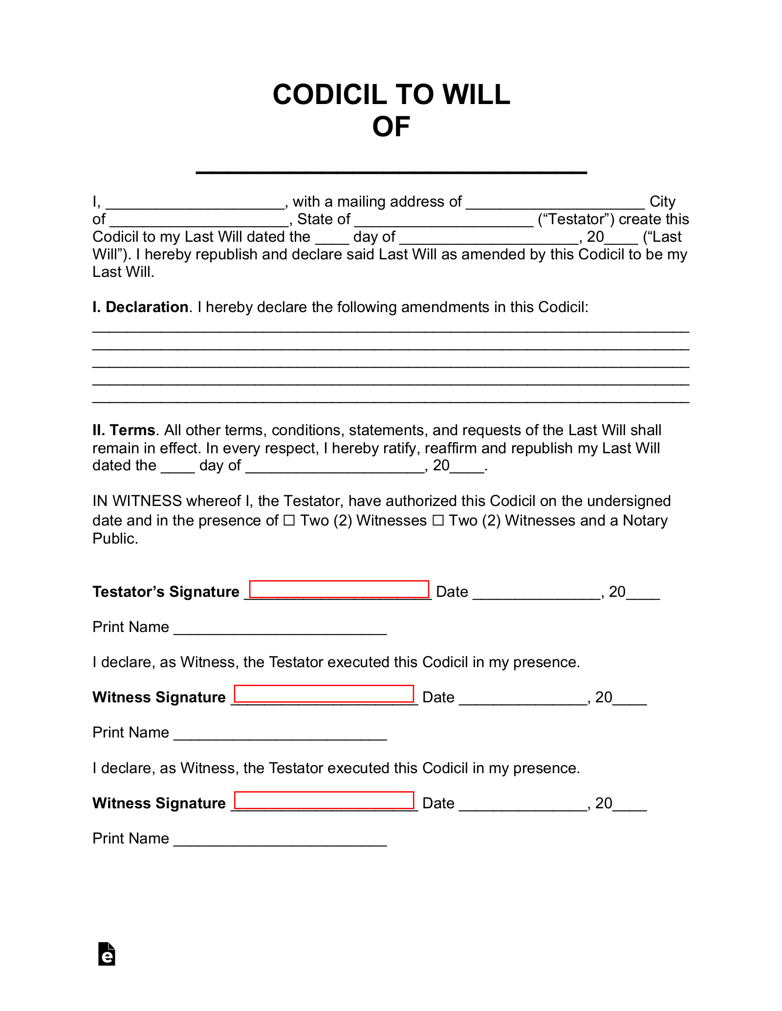 Free Codicil To Will Form PDF Word EForms