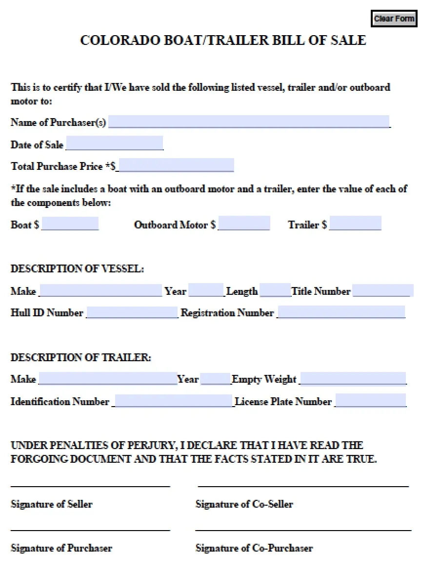 Free Colorado Boat Trailer Bill Of Sale Form PDF Word doc 