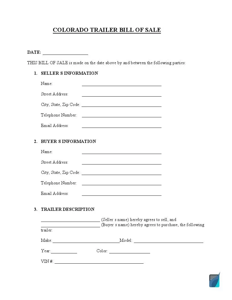 Free Colorado Trailer Bill Of Sale Form PDF FormsPal