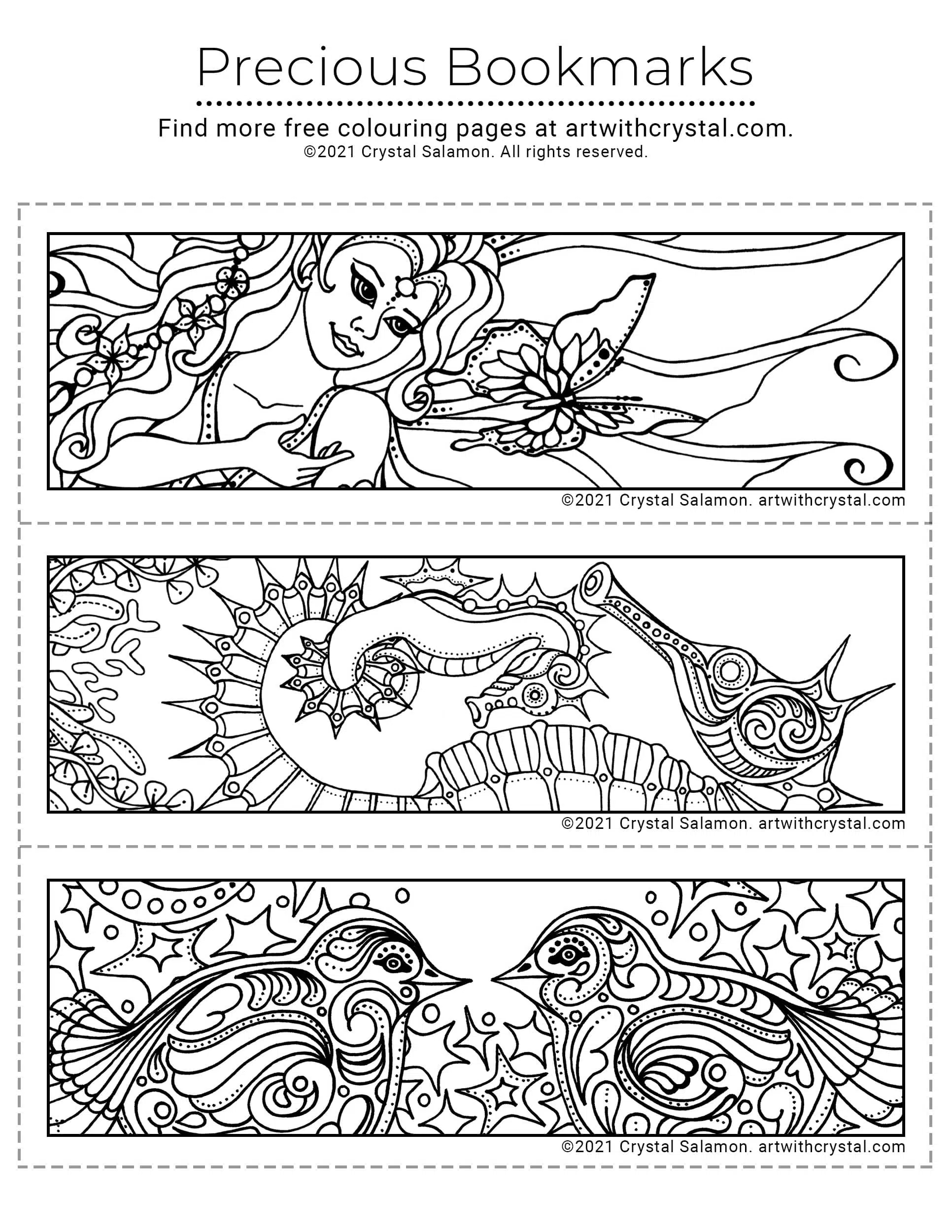 Free Colouring Bookmark Page Butterfly Fairy Seahorses Birds