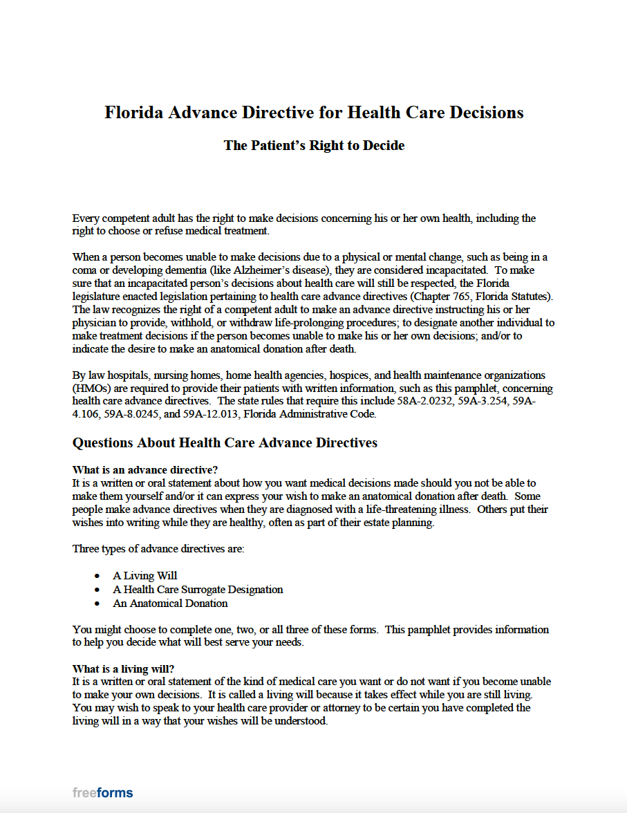 Free Florida Advance Directive Form Medical POA Living Will PDF