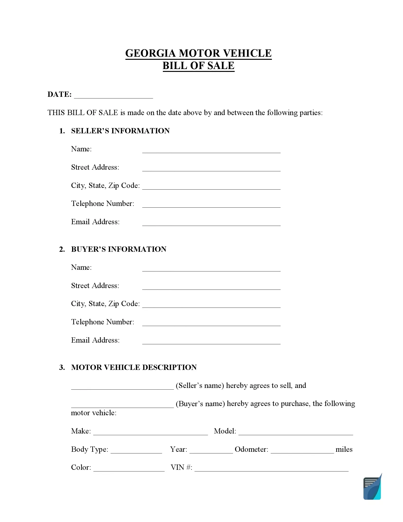 Free Georgia Bill Of Sale Forms PDF FormsPal