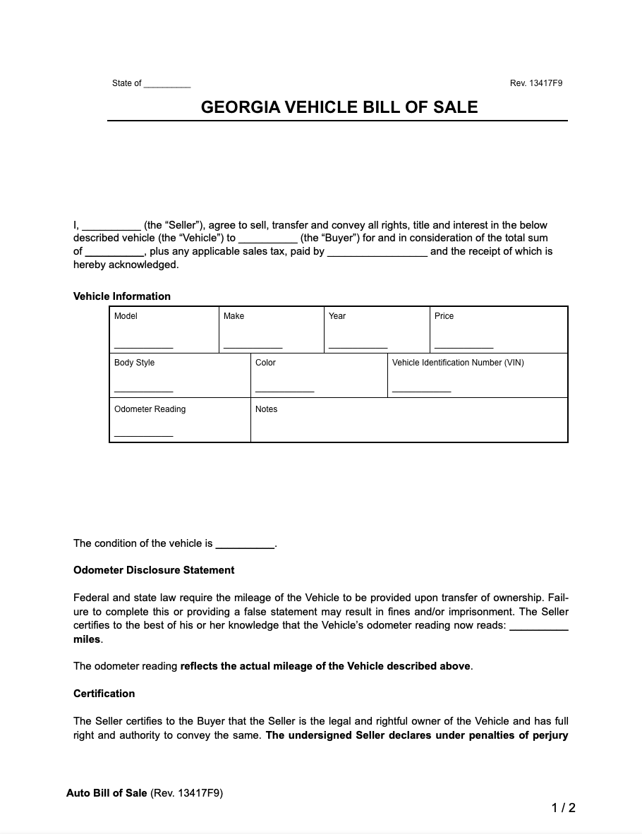Free Georgia Motor Vehicle Bill Of Sale Form PDF Word