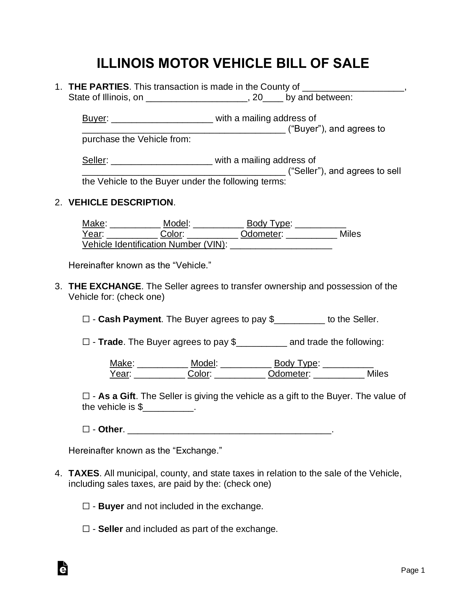 Free Illinois Motor Vehicle Bill Of Sale Form PDF Word EForms