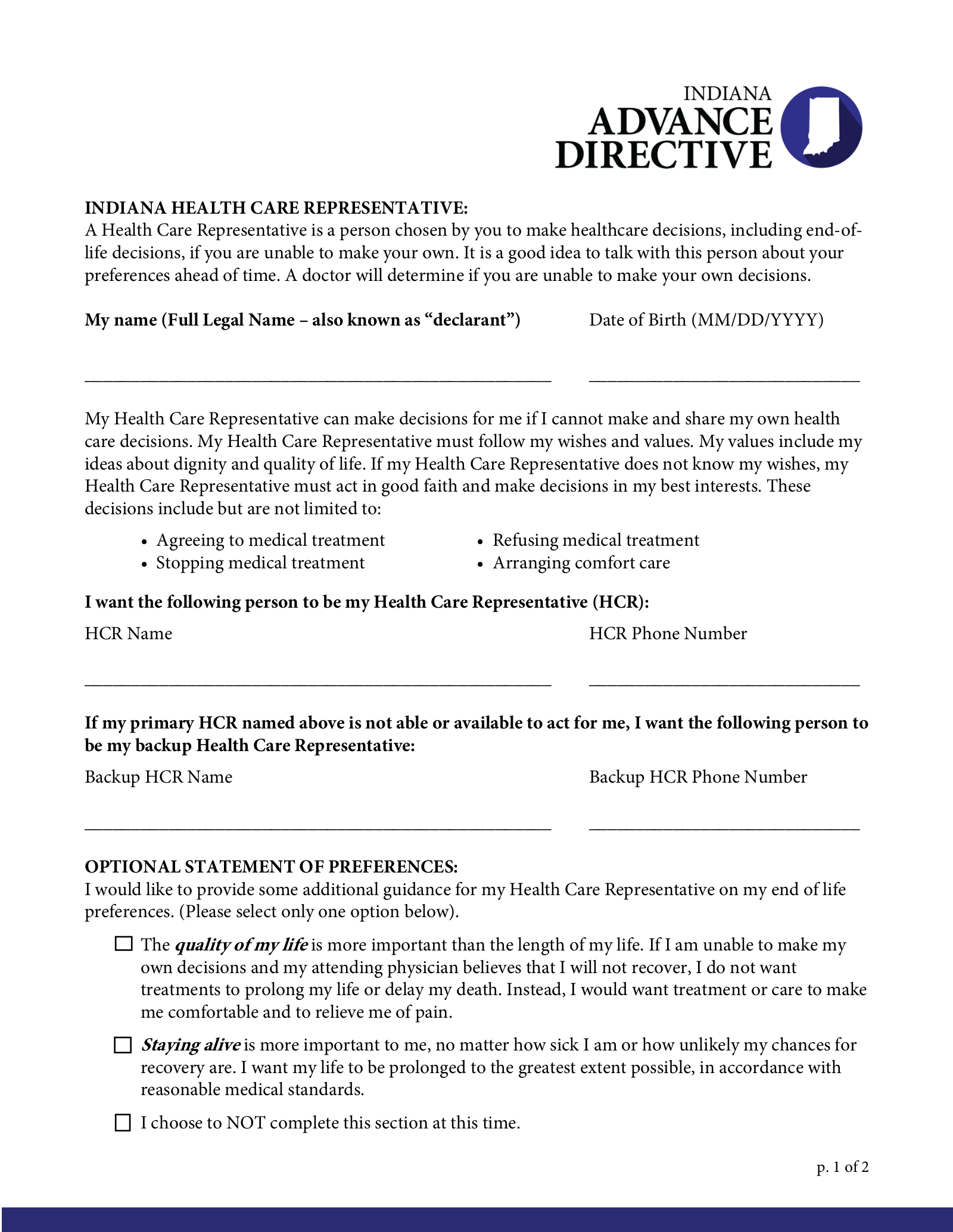 Printable Will Forms Free Indiana