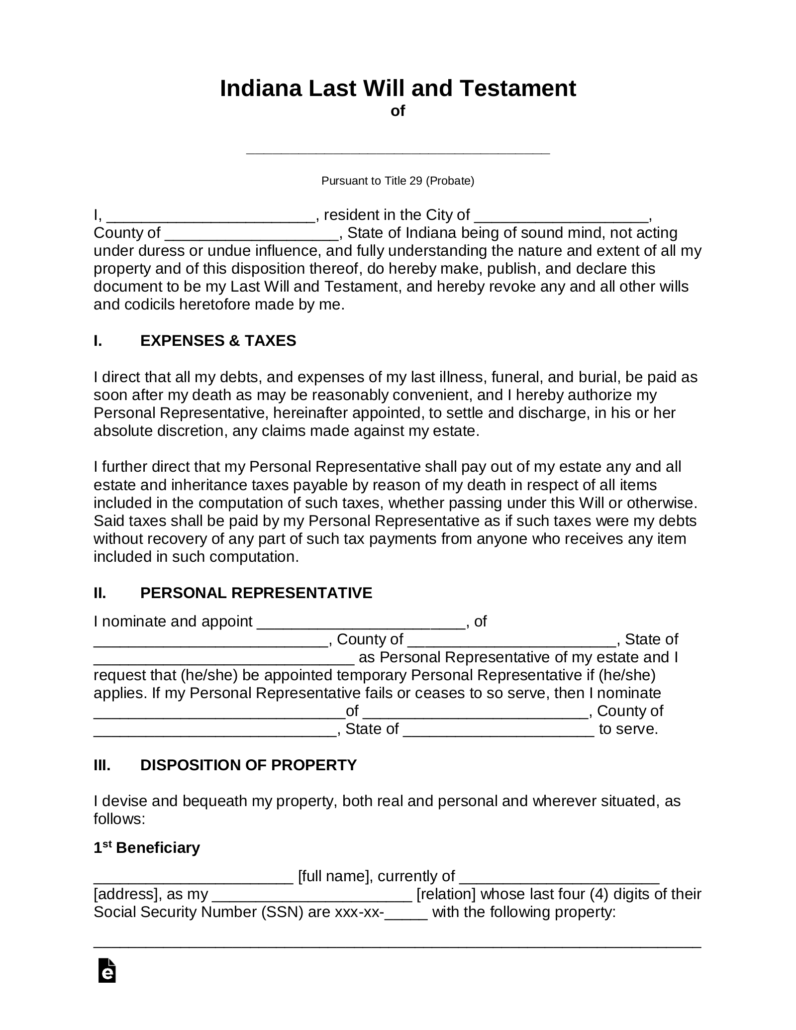 Free Indiana Last Will And Testament Template PDF Word EForms
