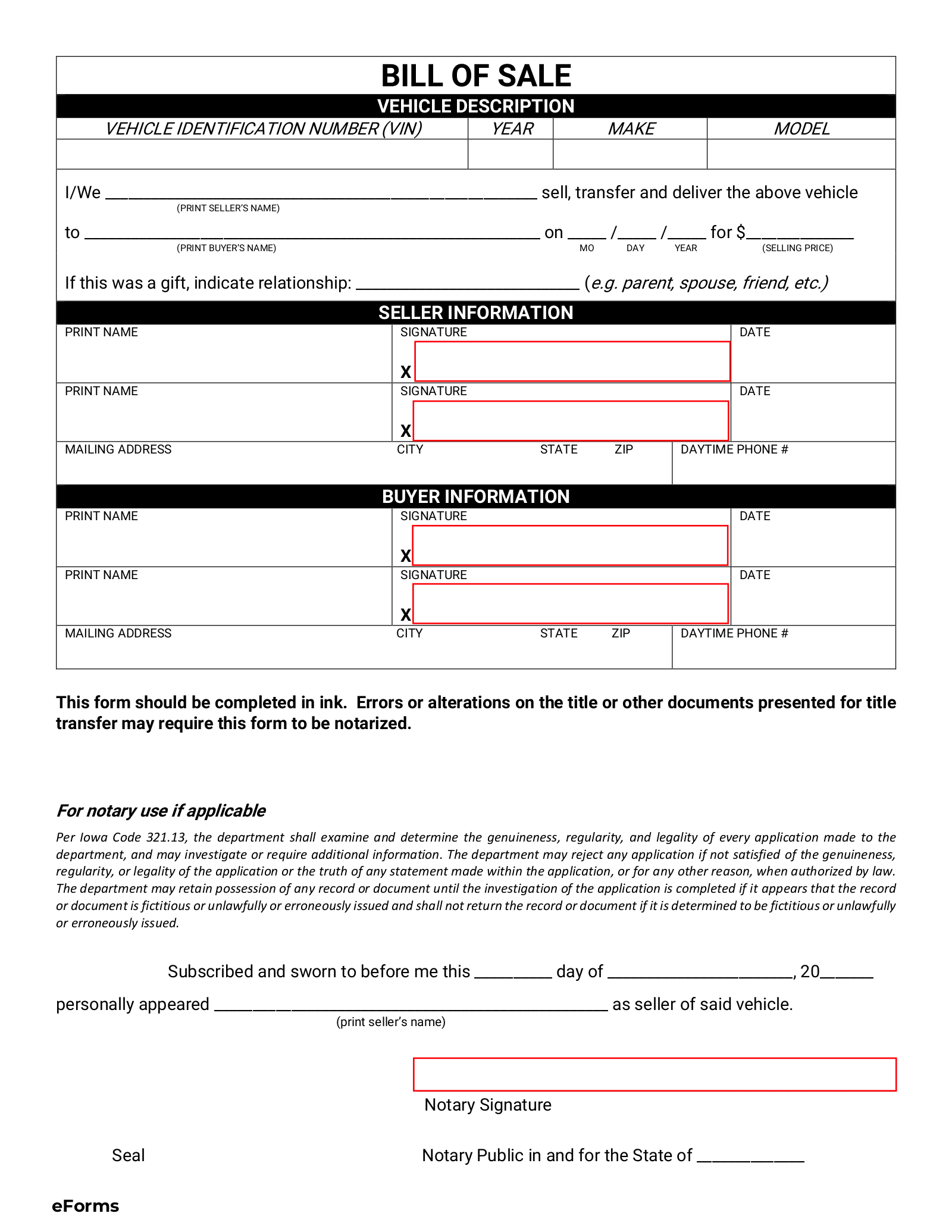Free Iowa Motor Vehicle Bill Of Sale Form PDF EForms
