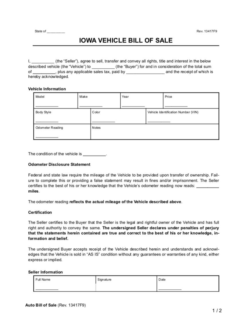 Free Iowa Motor Vehicle Bill Of Sale Form PDF Word