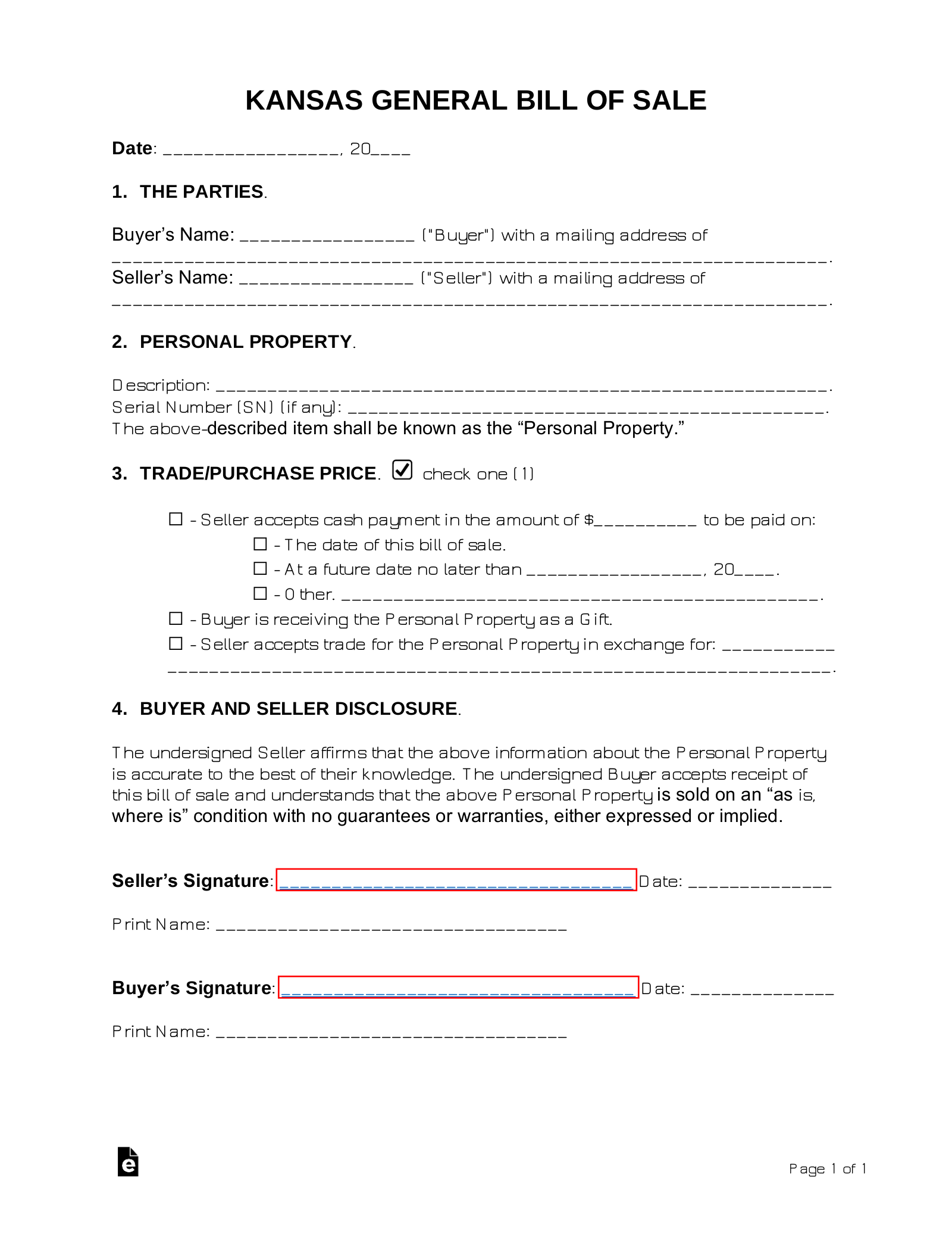 Free Kansas General Bill Of Sale Form PDF Word EForms