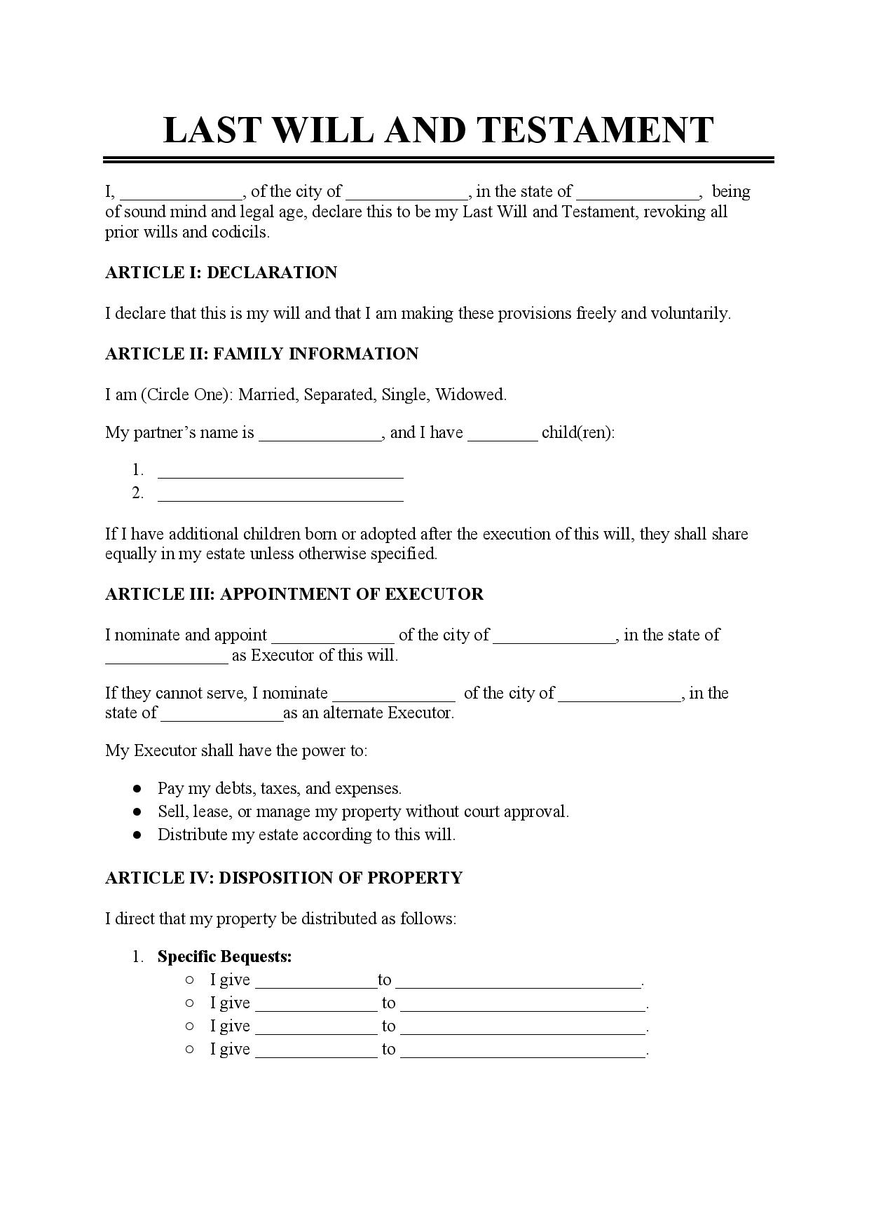 Free Last Will And Testament Template PDF Word