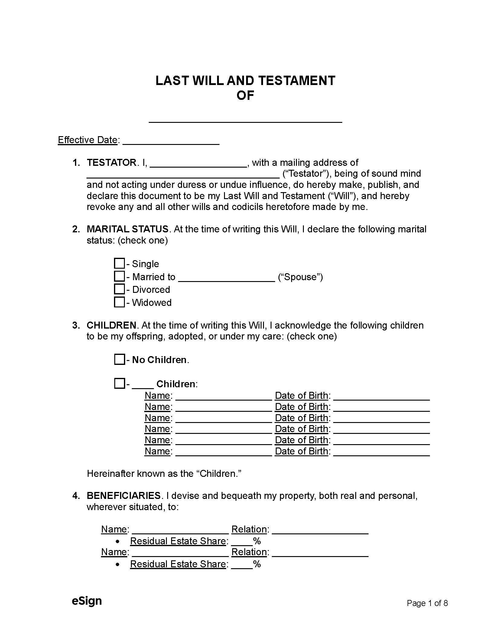 Printable Will Forms Free Uk