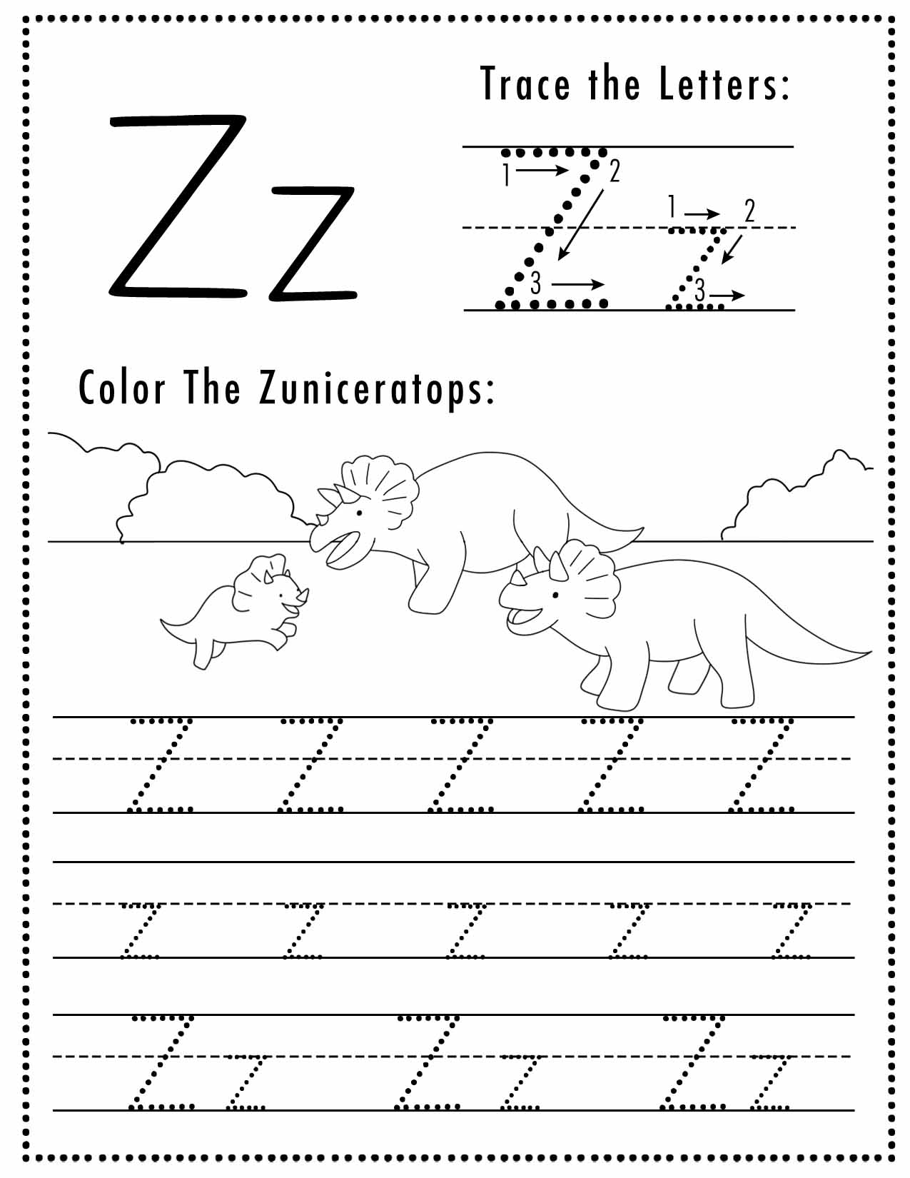 Free Letter Z Tracing Worksheet Printable Dinosaur Themed Sly Spoon