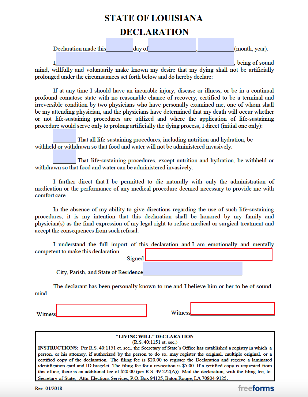 Free Louisiana Living Will Form PDF
