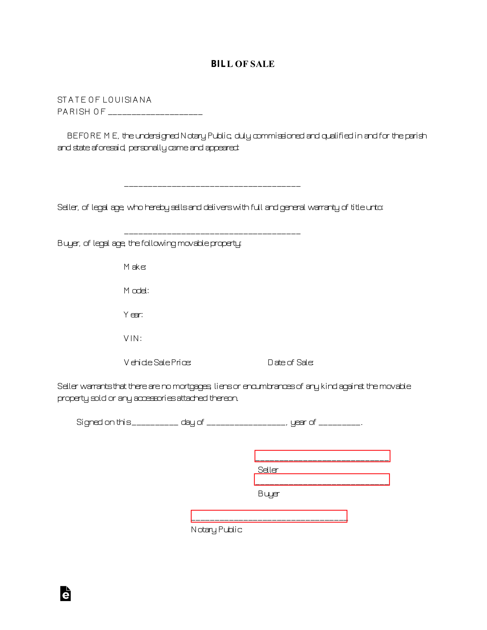 Free Louisiana Motor Vehicle Bill Of Sale Form PDF EForms