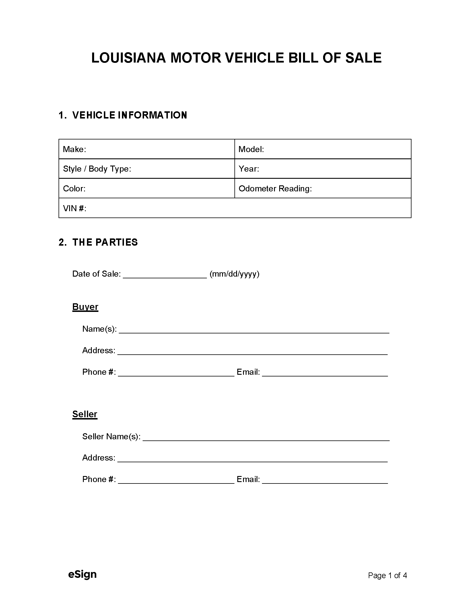 Free Louisiana Motor Vehicle Bill Of Sale Form PDF Word