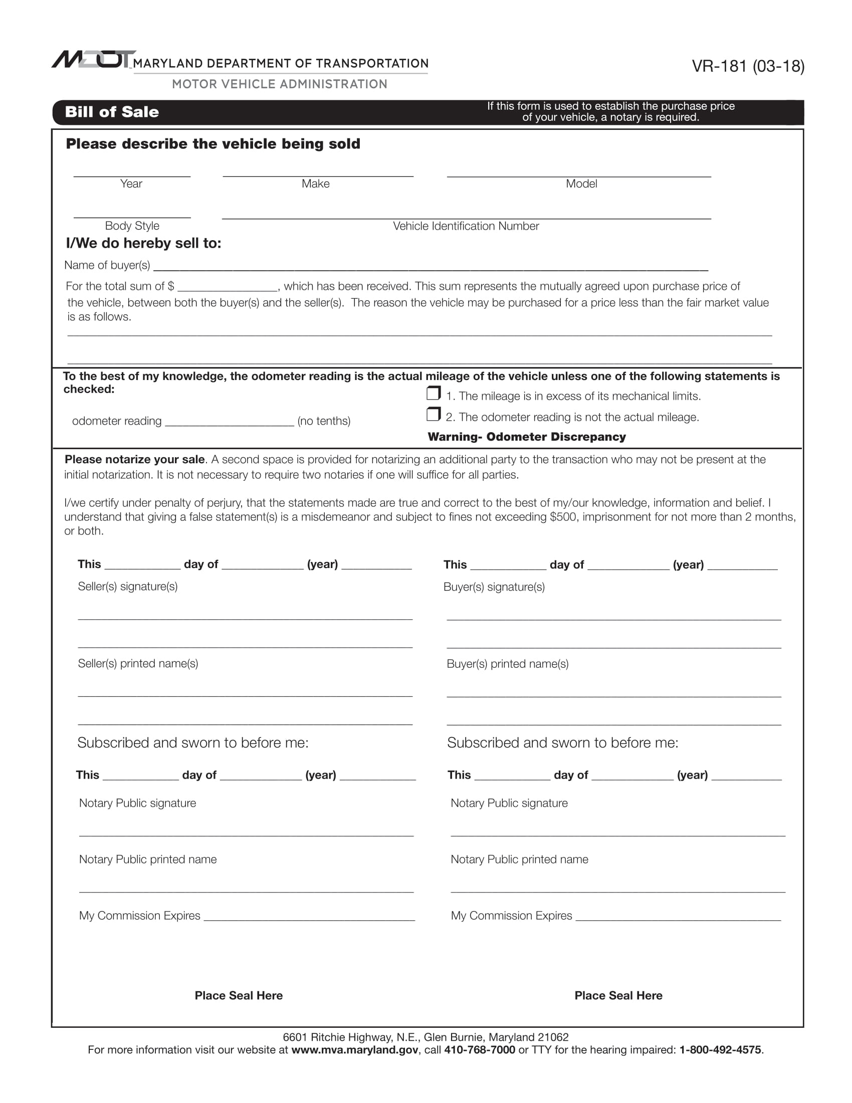 Free Maryland Car Bill Of Sale Template Fillable Forms Worksheets Library
