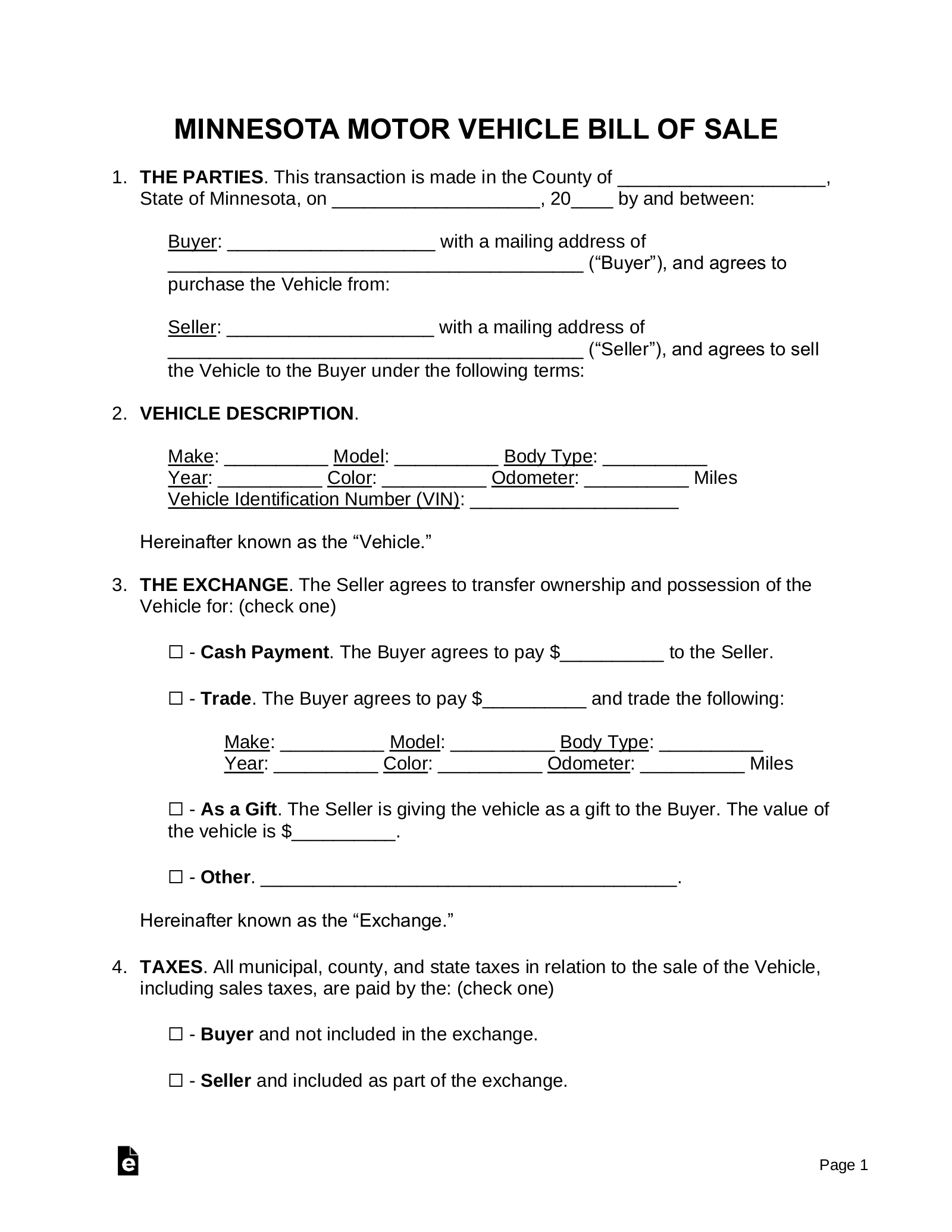 Free Minnesota Bill Of Sale Forms 4 PDF Word EForms