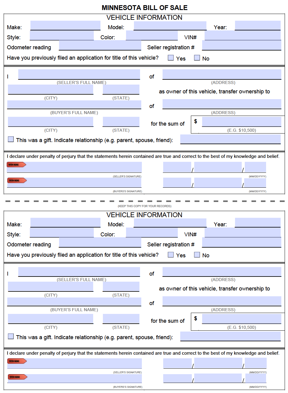 Free Minnesota Motor Vehicle DMV Bill Of Sale Form PDF