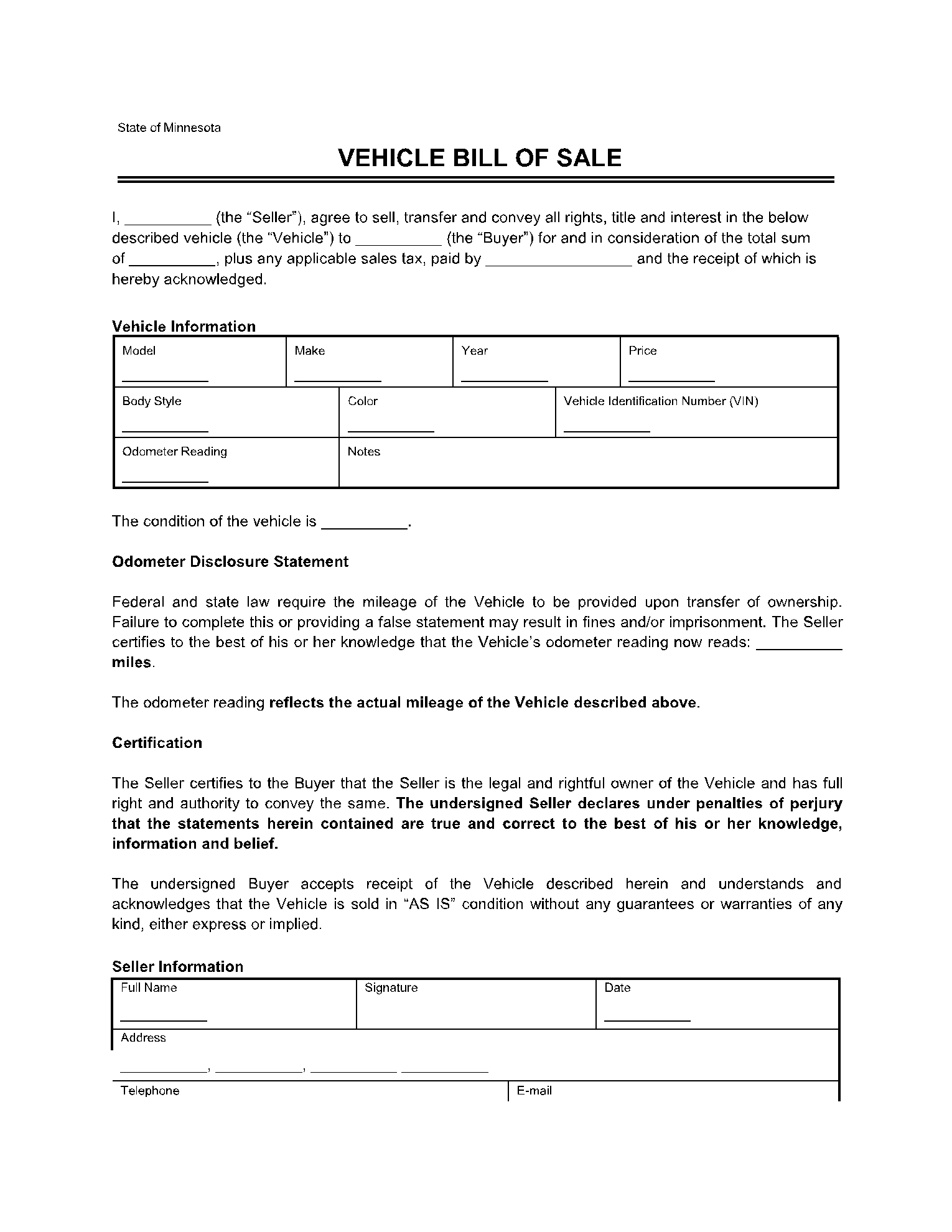 Free Minnesota Vehicle Bill Of Sale Template CocoSign