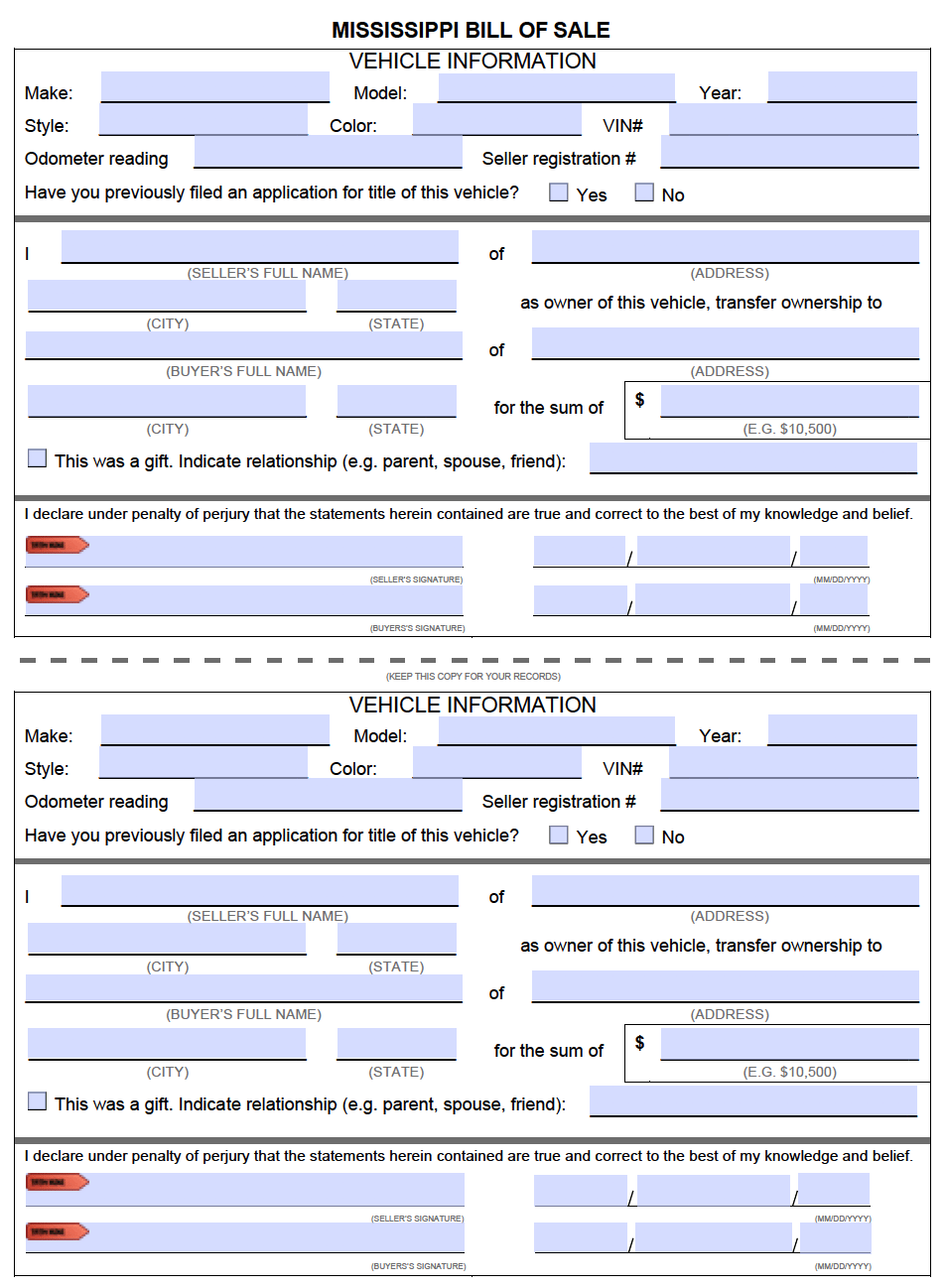 Free Mississippi Motor Vehicle DMV Bill Of Sale Form PDF
