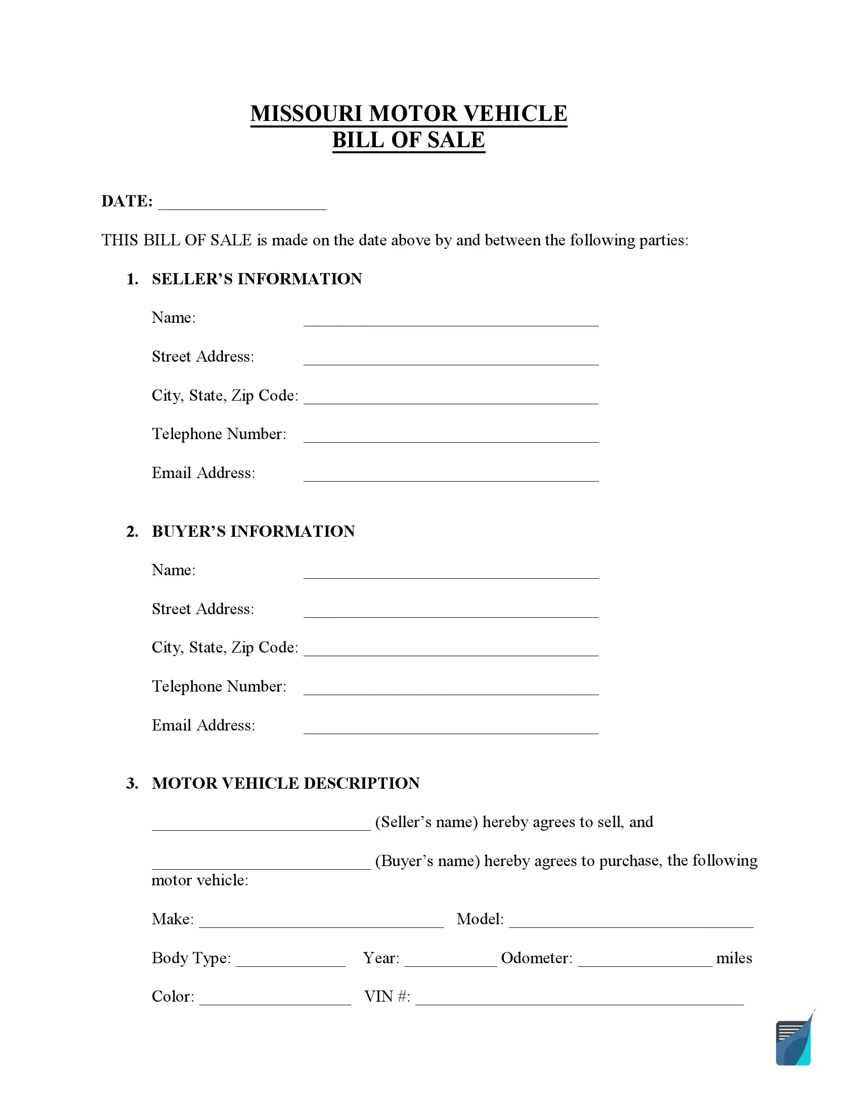 Free Missouri Bill Of Sale Forms PDF FormsPal