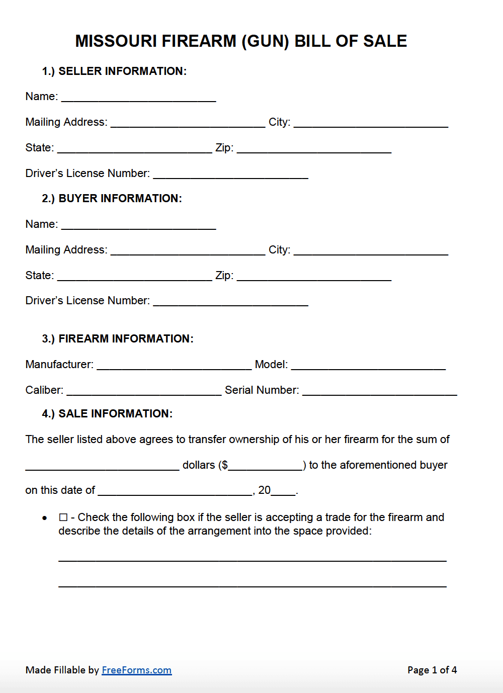 Free Missouri Bill Of Sale Forms PDF