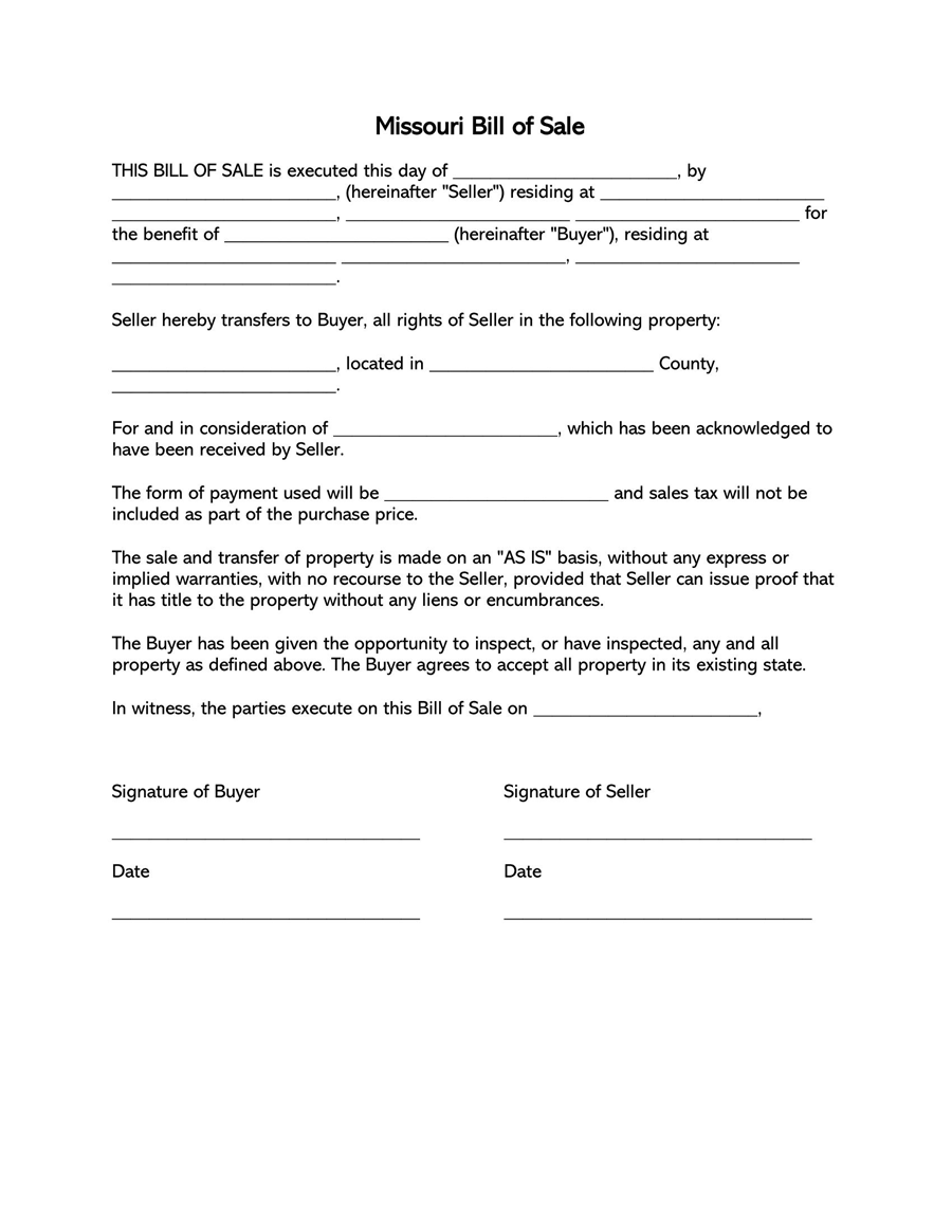 Free Missouri Car Bill Of Sale Forms Form 1957