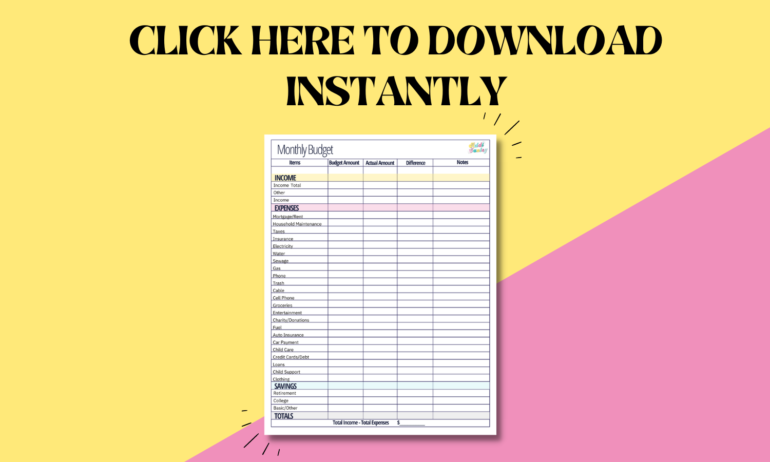 Free Monthly Budget Template Instant Download