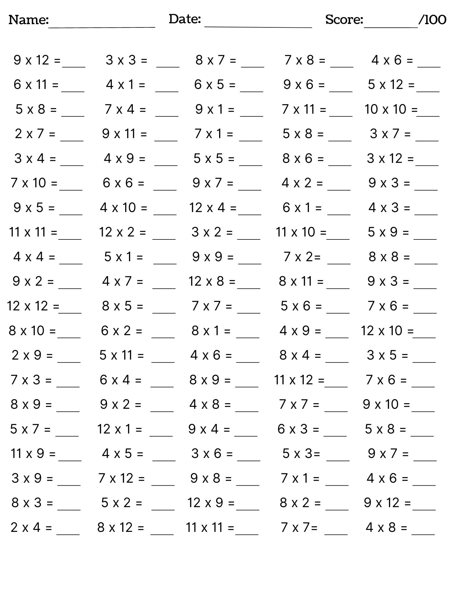 Free Multiplication Worksheets 1 12 Paper Trail Design Worksheets Library