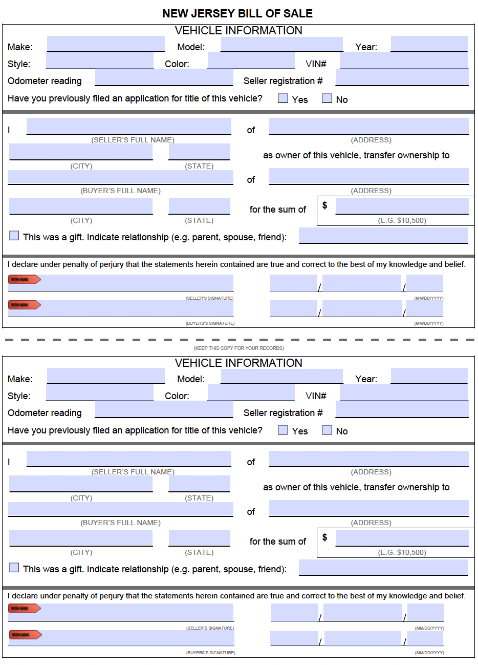 Free New Jersey Bill Of Sale Forms PDF