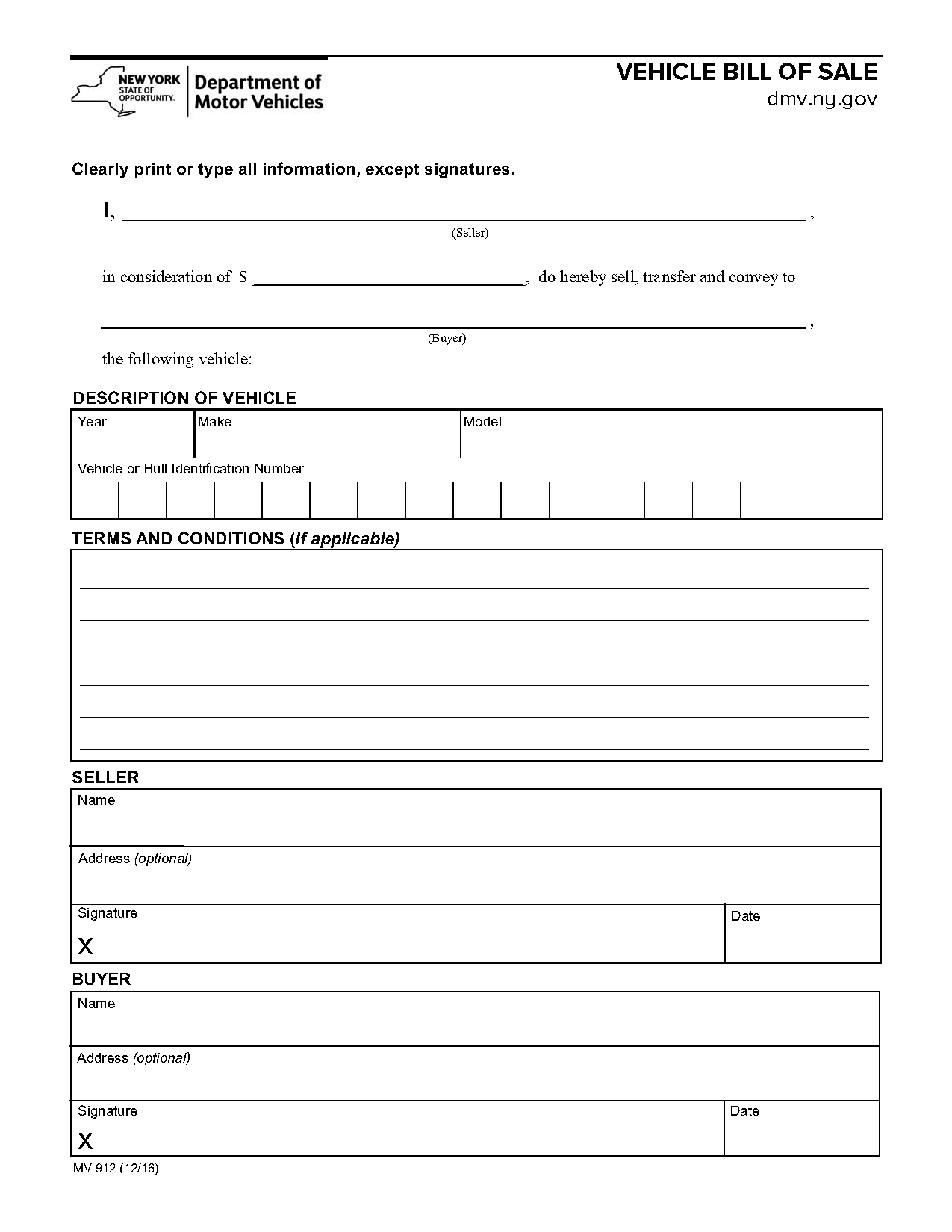 Free Printable Vehicle Bill Of Sale Pdf