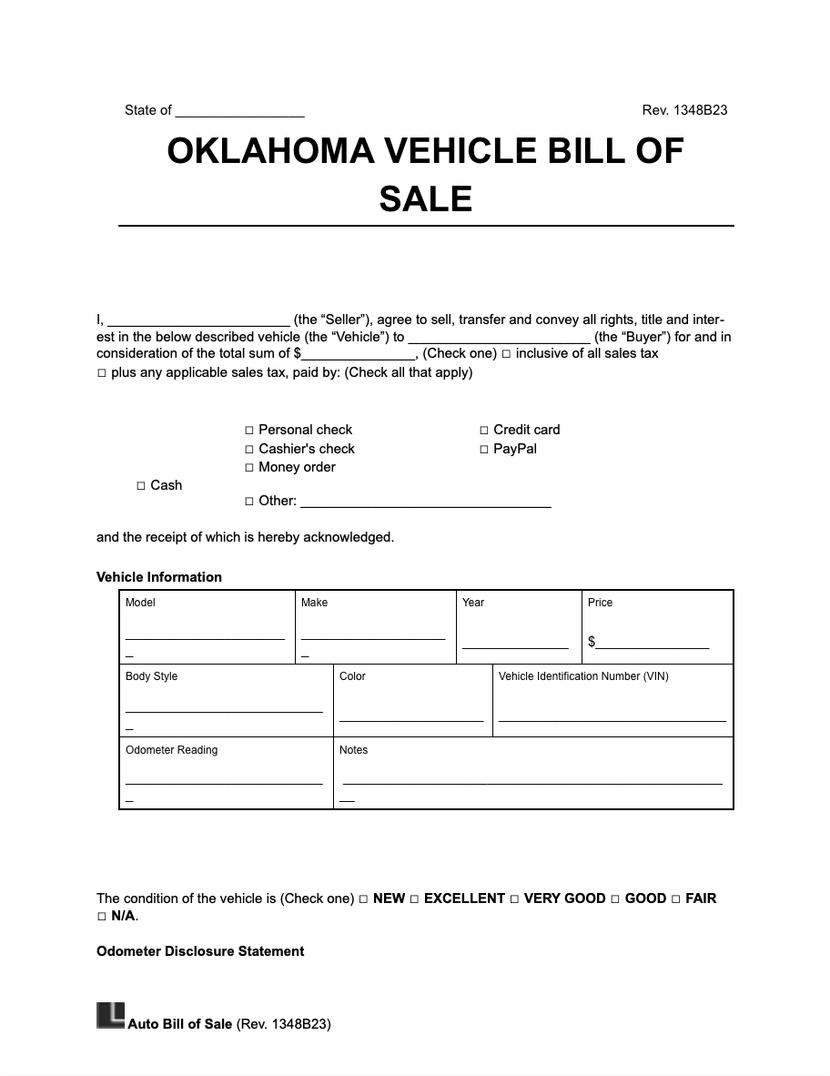 Free Oklahoma Motor Vehicle Bill Of Sale Form PDF Word